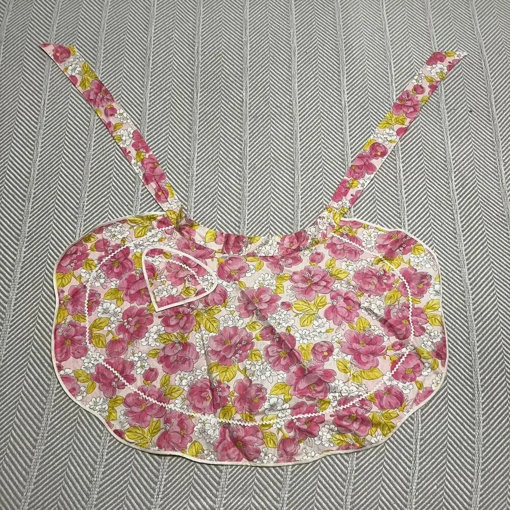 Pink Half Apron 60s Barbie Style Vintage Floral Yellow Ric Rac Pocket Waist Ties